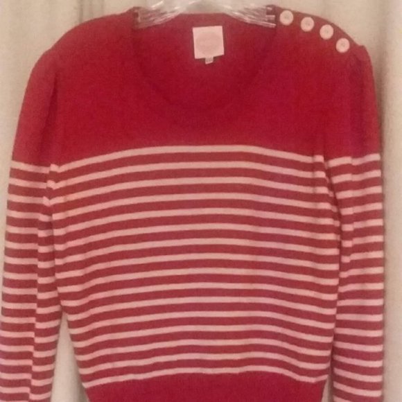 Elegant Red Striped Women's Sweater with Button Details - Picture 1 of 3